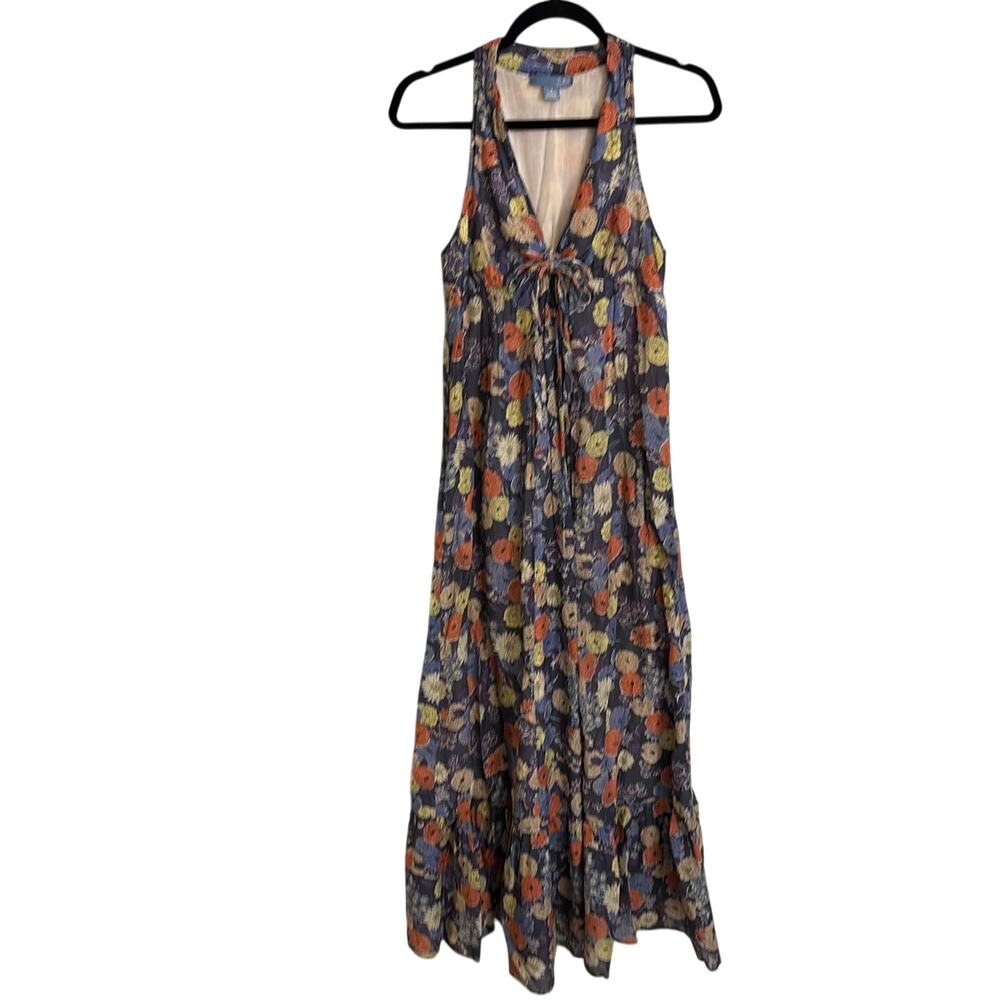 Anthropologie Lil Dress Womens 6 Navy Floral Halter V-Neck Maxi Cotton Silk
